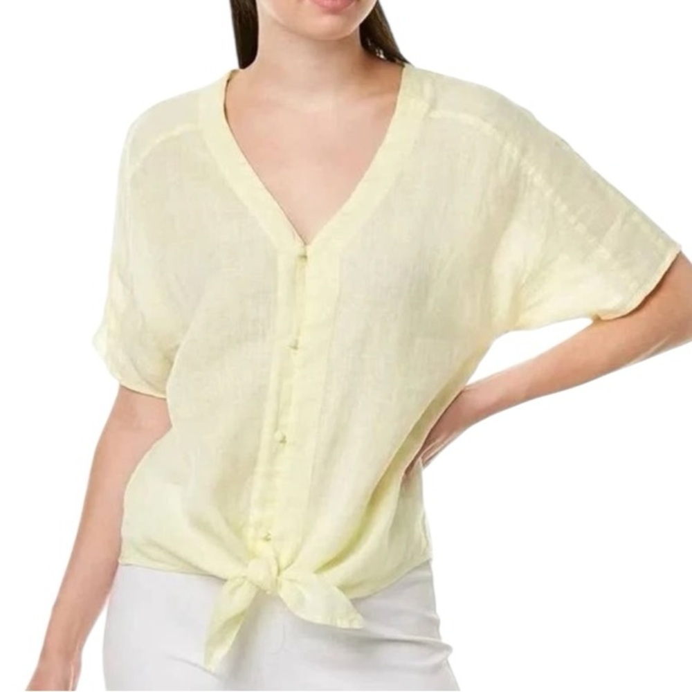 Vince Camuto Daybreak 100% Linen Button Front Tie Waist Short Sleeve Yellow Top